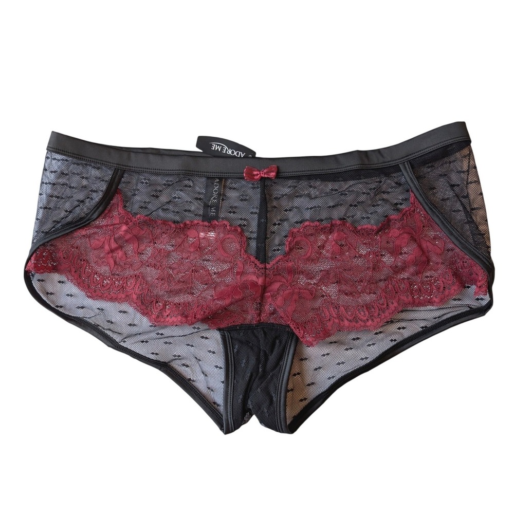 Adore Me Womens 0X Hipster Panties Black Red Floral Lace Mesh Boudoir Curvy NWT